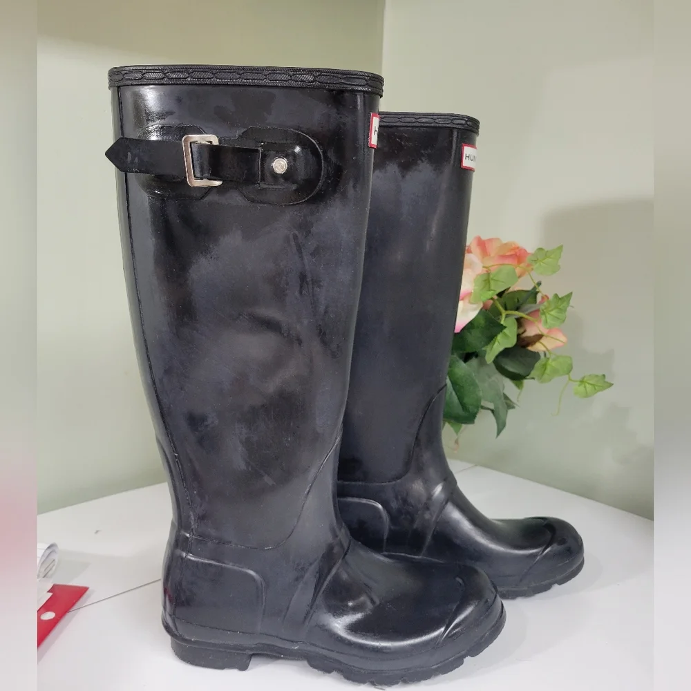 Hunter Womens 38 7 7.5 Original Tall Gloss Black Wellies Rain Boots - Picture 2 of 9